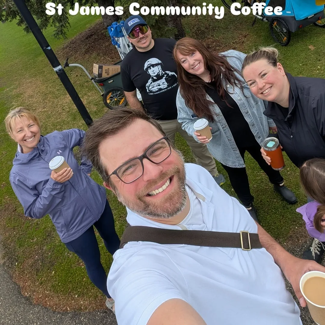 Tyler Crichton and neighbours gathered outdoors for St. James Community Coffee