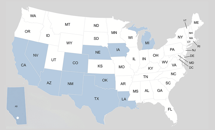 Map of the United States showing affiliate locations