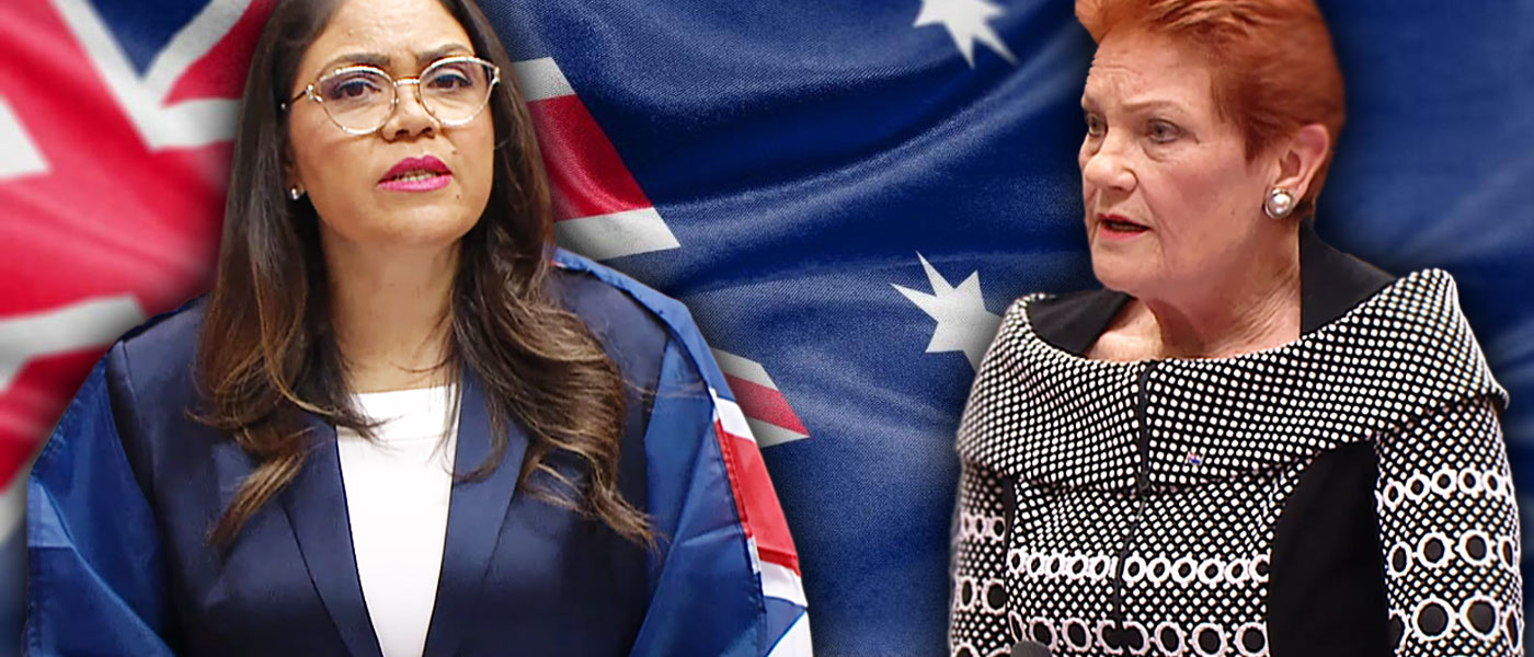 Senators Jacinta Price and Pauline Hanson fume over calls to remove flags draped over shoulders. YouTube/Australian Senate