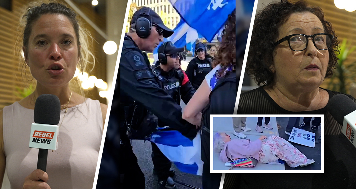 Une femme âgée poussée par la police de Montréal lors d’une  contre-manifestation contre des islamistes