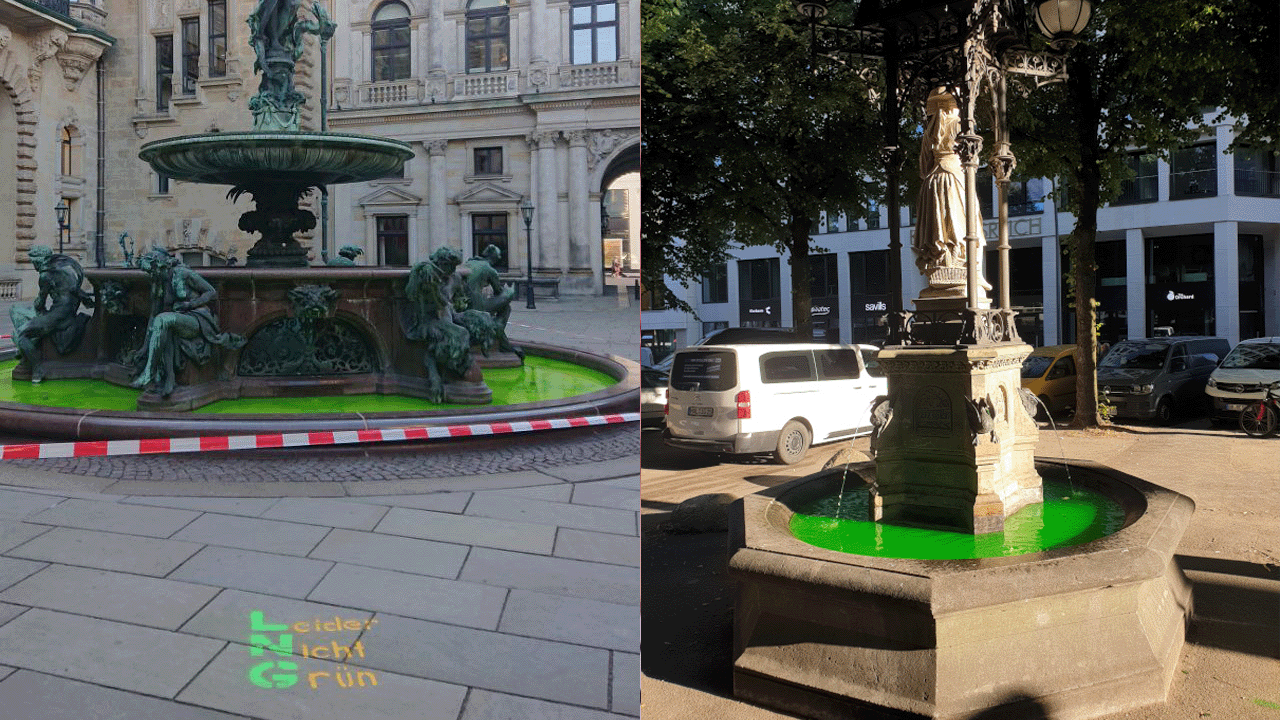 'Green gas is a dirty lie,' German climate activists dye water fountains green