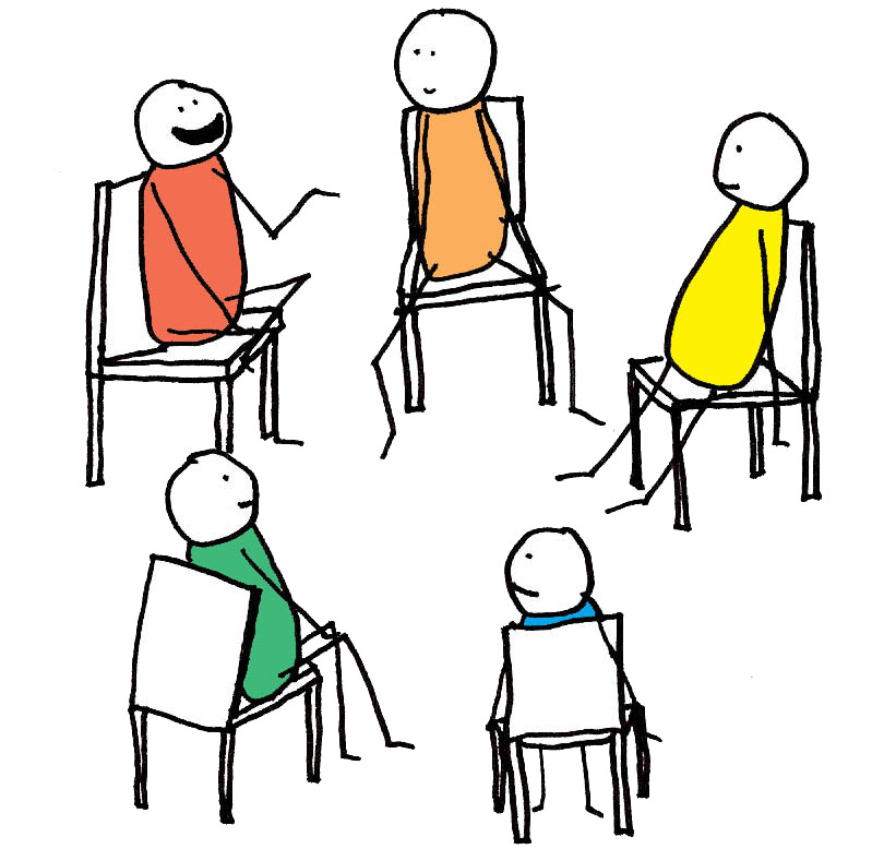 Participatory Decision Making a group of cartoon people sit in chairs in a circle having an animated discussion