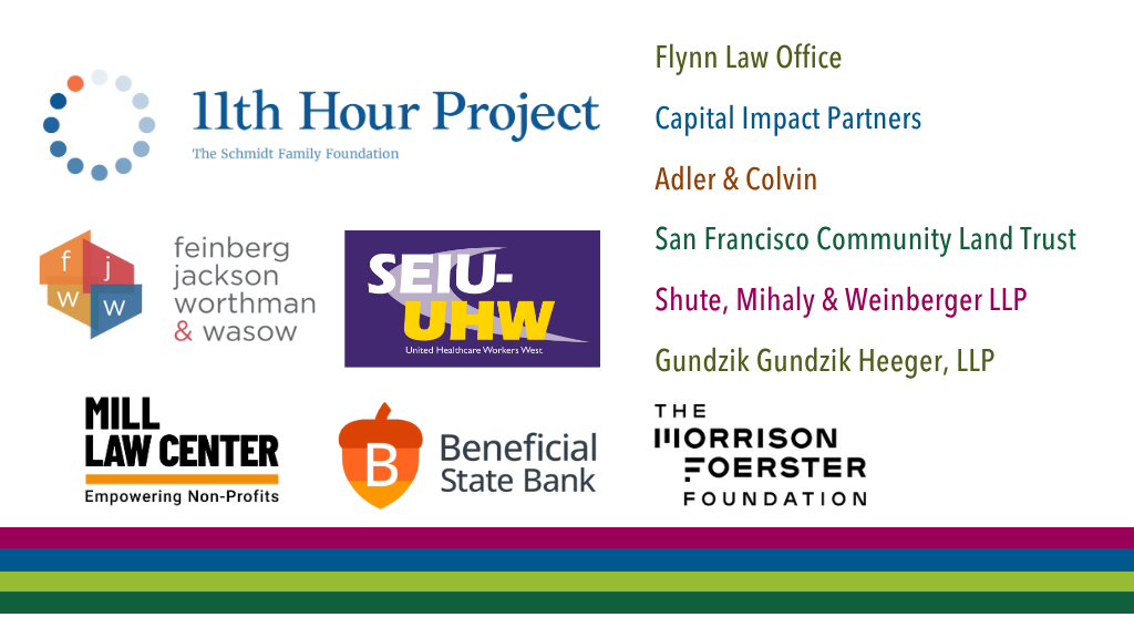Image with sponsor logos: feinberg jackson worthman & wasow; 11th hour project; beneficial state bank; shute, mihaly & weinberger llp; seiu-uhw; capital impact partners