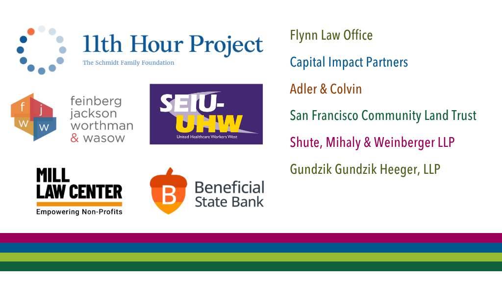 Image with sponsor logos: feinberg jackson worthman & wasow; 11th hour project; beneficial state bank; shute, mihaly & weinberger llp; seiu-uhw; capital impact partners