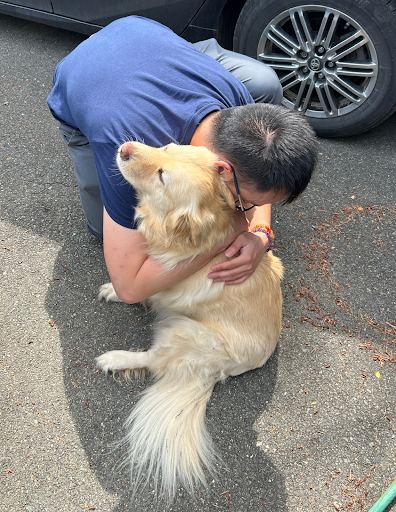 Photo of the author, Veryl Pow, hugging a golden retriever named Vivi, against a backdrop of black pavement.