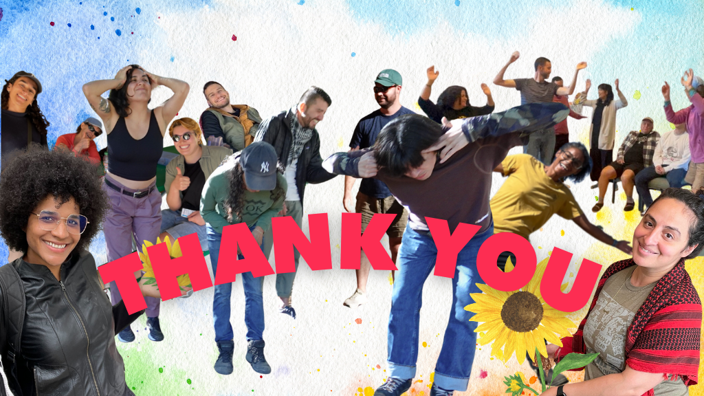 A collage of Law Center staff and community members in playful and joyful poses, with rainbow watercolors bleeding through the background.  The words THANK YOU are centered in the middle of the collage. 