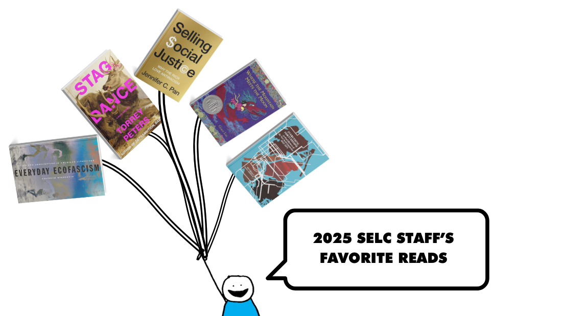 cartoon stick figure with speech bubble "2025 SELC Staff's Favorite Reads" holding up book-shaped balloons with titles of some of our fave books