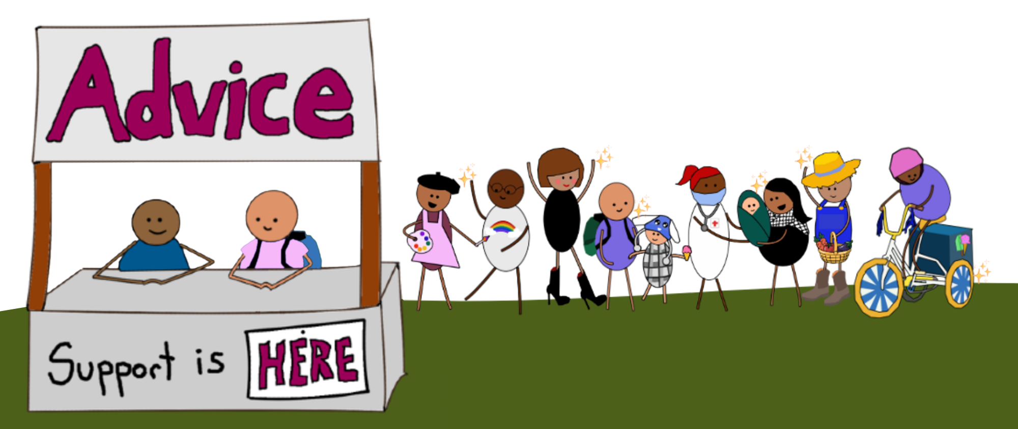 Cartoon advice booth with community members