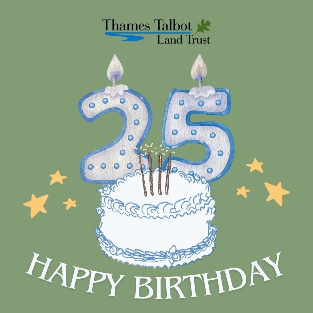 Thames Talbot Land Trust logo about a birthday cake with the number 25 in candles, the words Happy Birthday underneath the cake