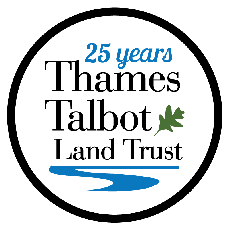 Thames Talbot Land Trust logo about a birthday cake with the number 25 in candles, the words Happy Birthday underneath the cake