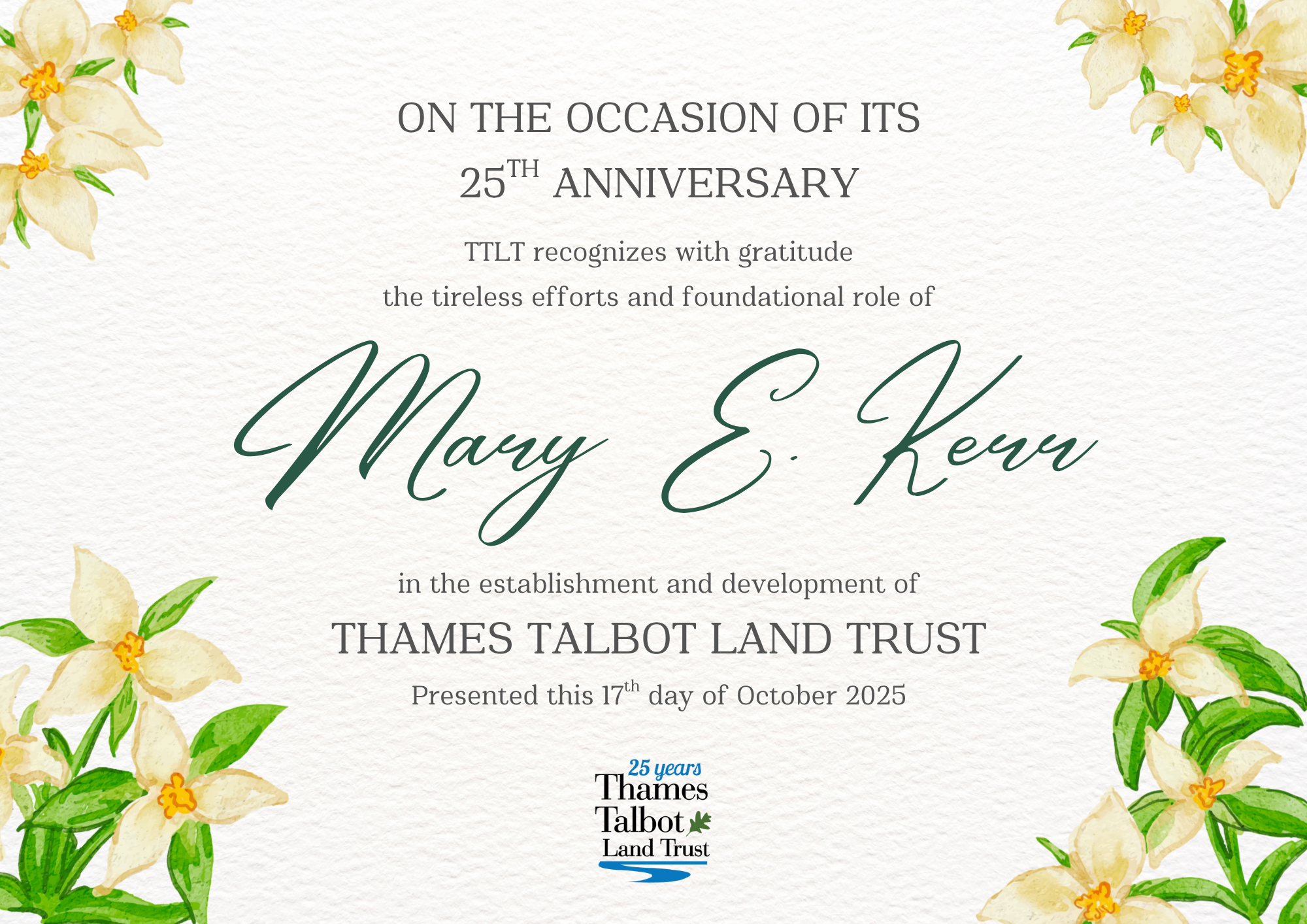 A certificate of thanks to the late Mary Kerr