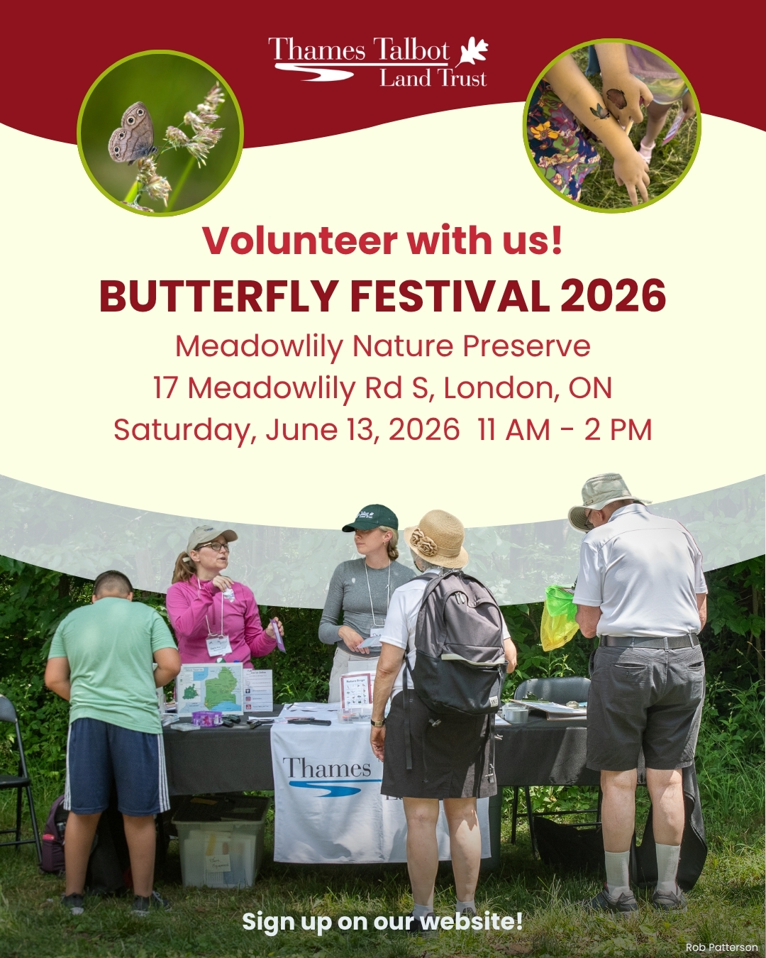 Poster advertising volunteer opportunities at the Butterfly Festival. Large Maroon text reads \
