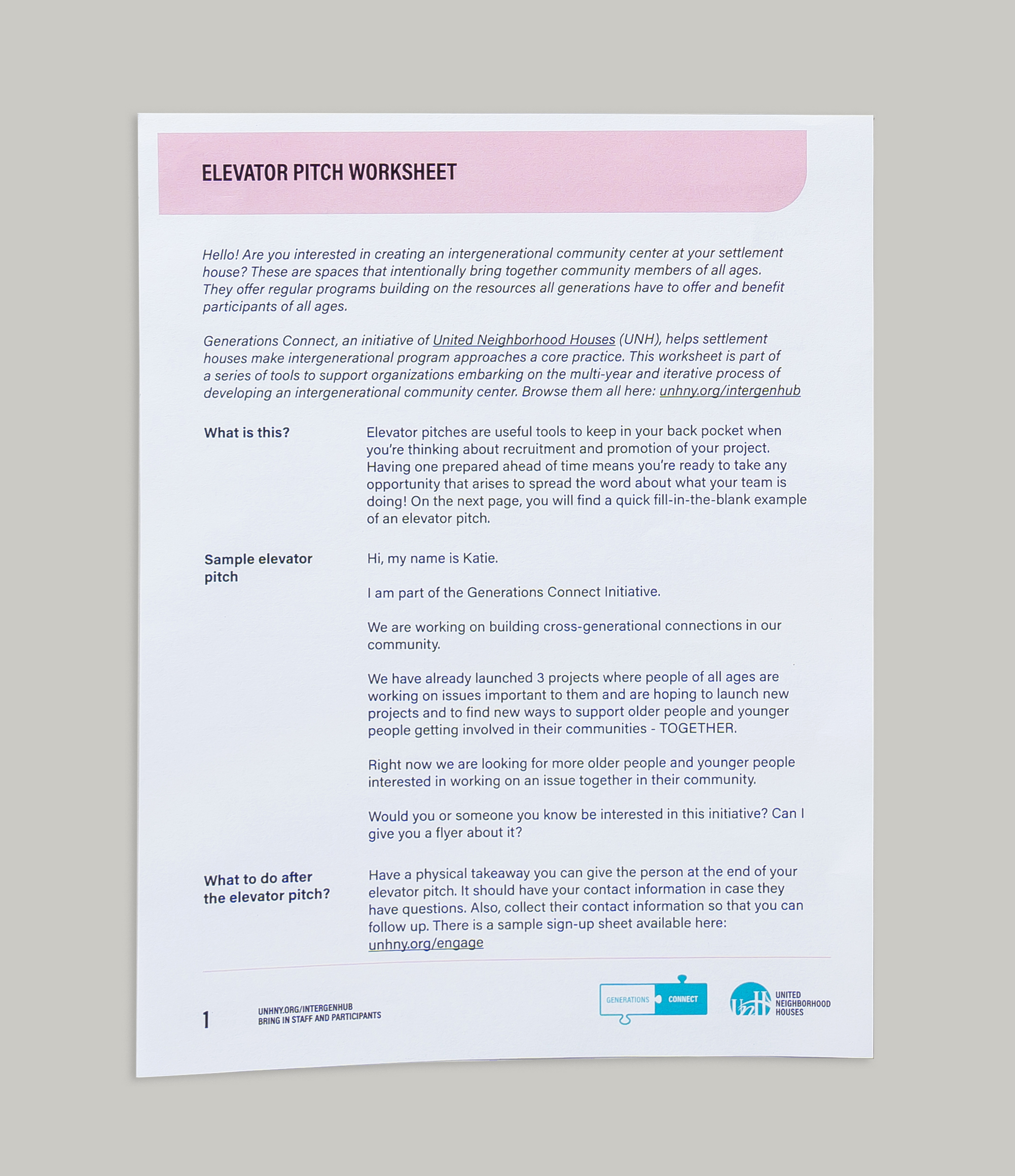 Elevator Pitch Worksheet