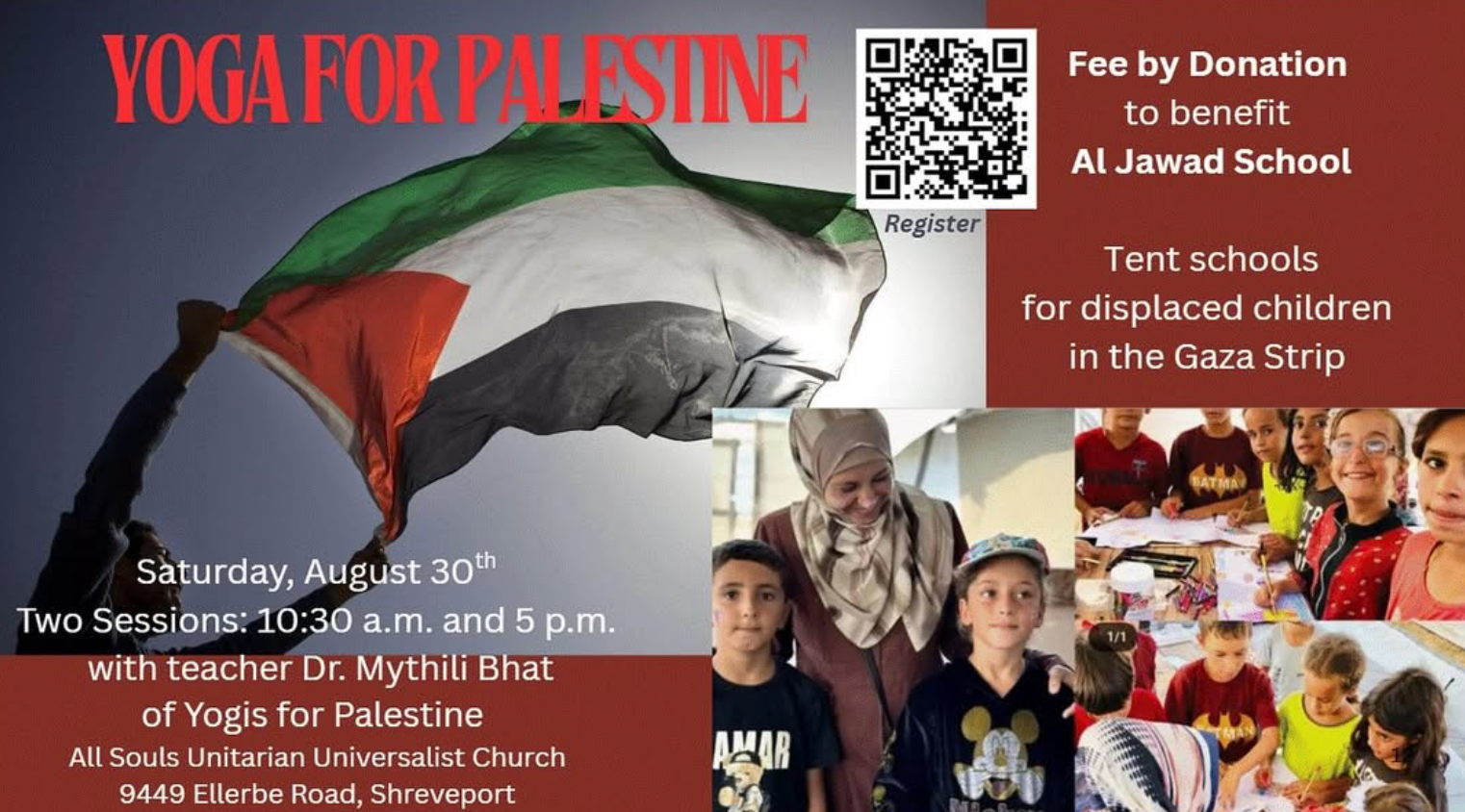 image of children at a school in Gaza, Palestinian flag