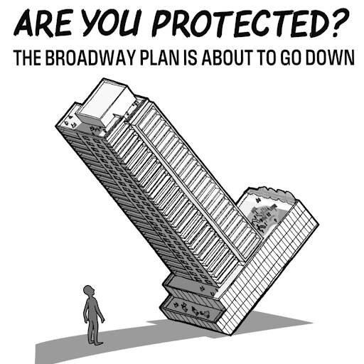 A cartoon building appears to be falling on a tenant standing underneath.