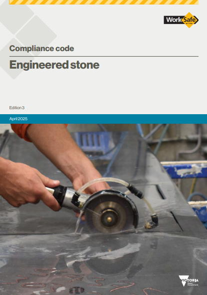 Image shows the front cover of WorkSafe Victoria’s Code of Compliance for Engineered Stone. The cover shows a worker’s hands using a cutting disc on an angle grinder to cut an engineered stone slab with water flowing over the cutting edge to prevent silica dust from becoming airborne