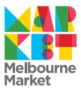 Colourful Melbourne Market logo – the letters “MARKET” depicted in simple overlapping shapes of blue, yellow and red
