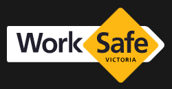 Black rectangle with white banner and gold diamond – the words WorkSafe Victoria in black