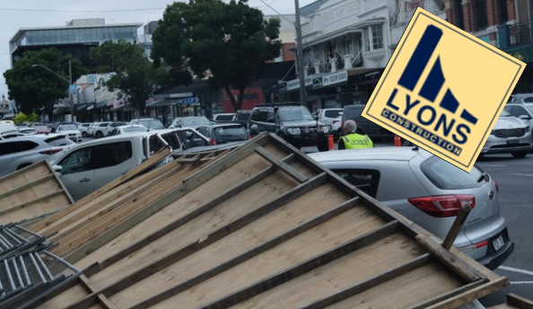 Lyons Construction logo superimposed over a view of Moorabool Street Geelong in December 2022 after a 20m hoarding at a construction site collapsed onto the footpath damaging three parked cars