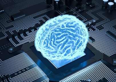 A glowing blue brain sits in the centre of a computer circuit board