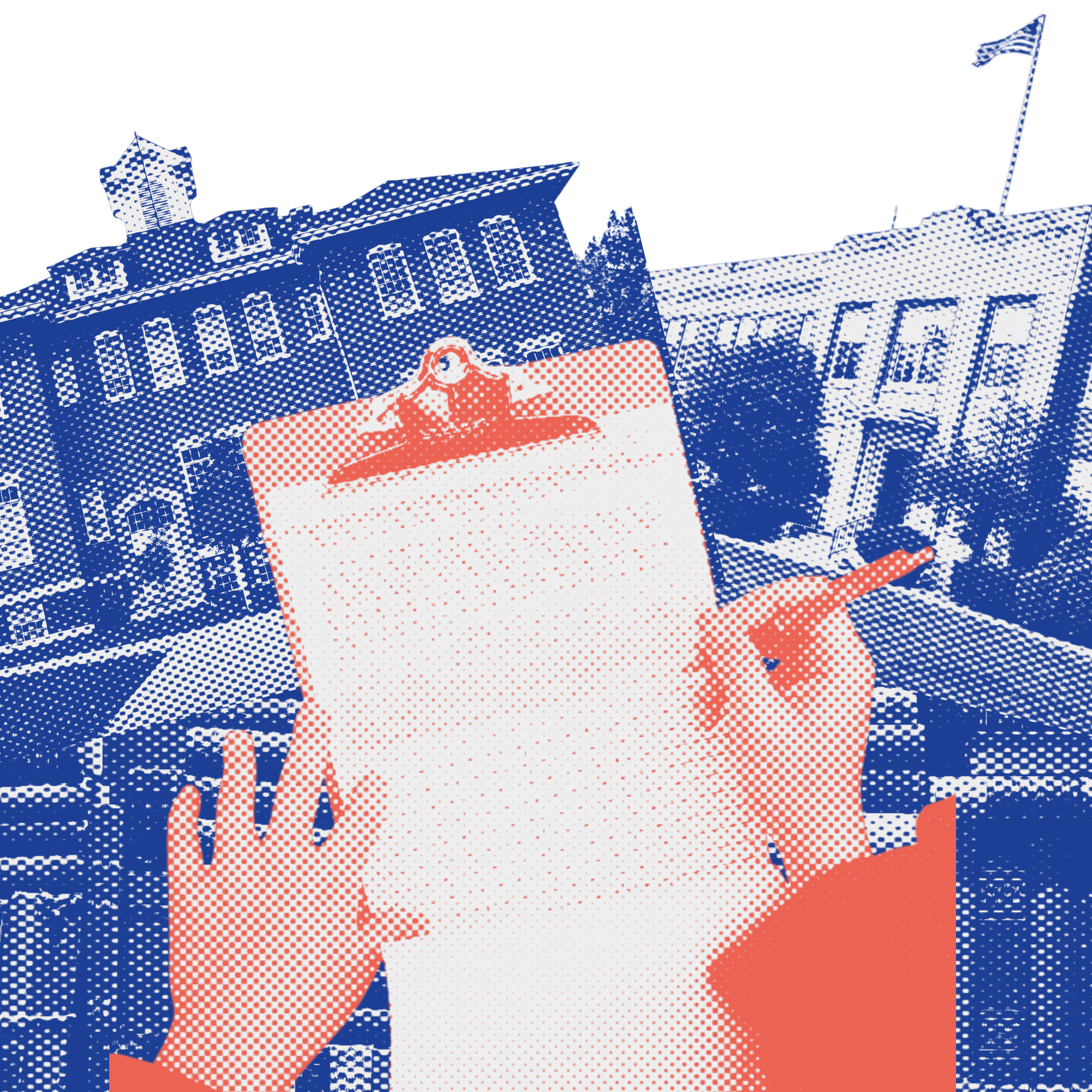 Illustration: hands with a pen over a calendar, with school and library buildings in the background