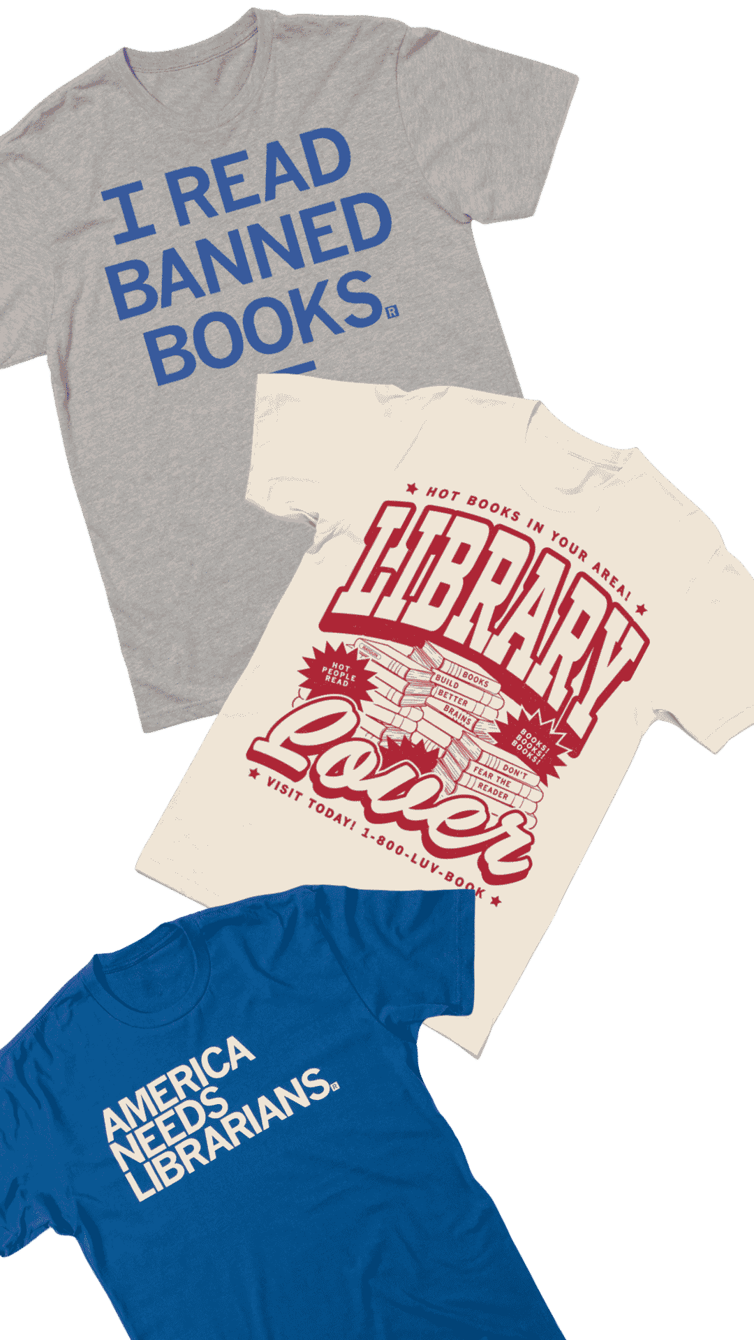 Three EveryLibrary supporter shirt designs