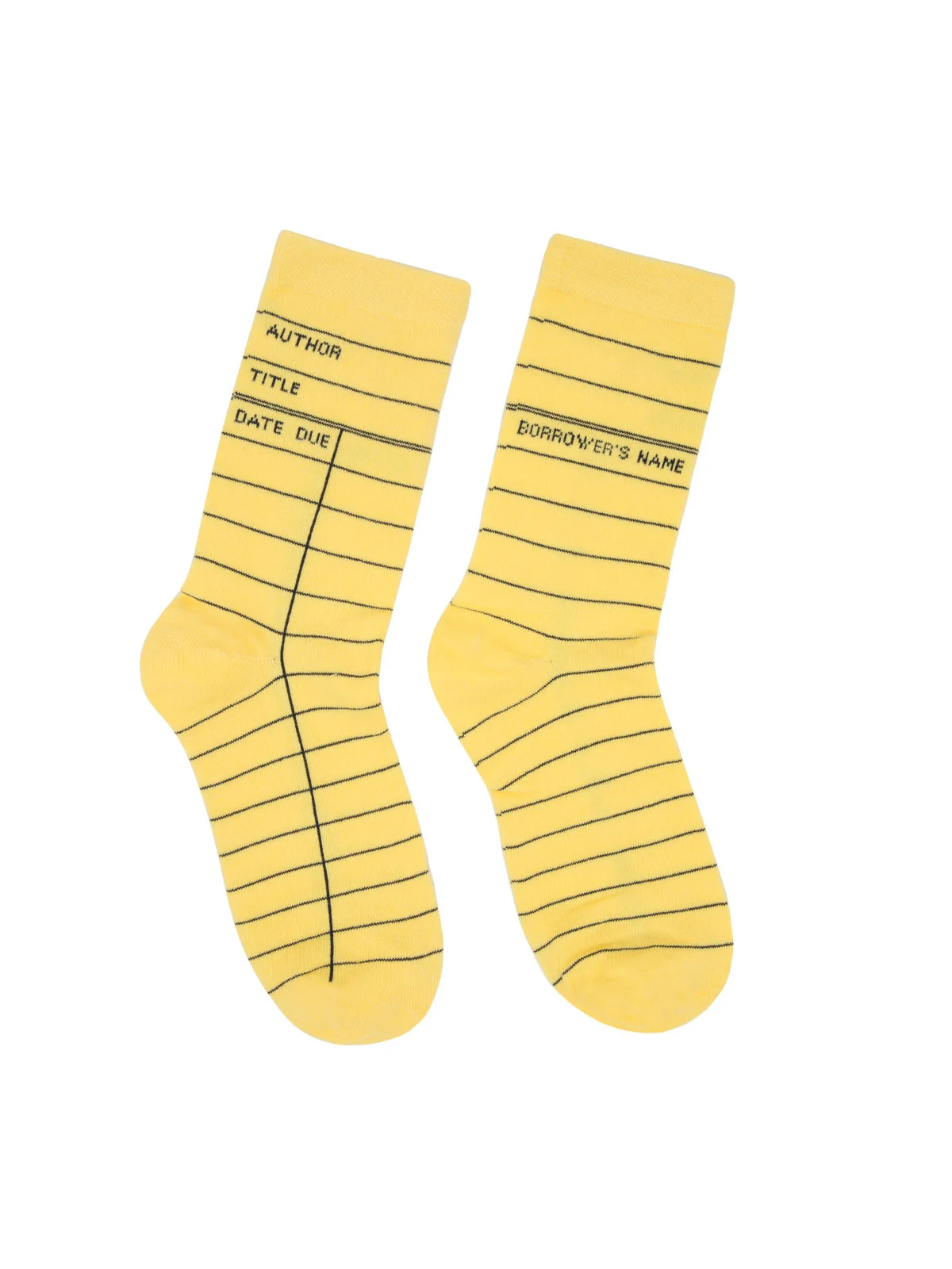 Yellow socks printed like an old library checkout card