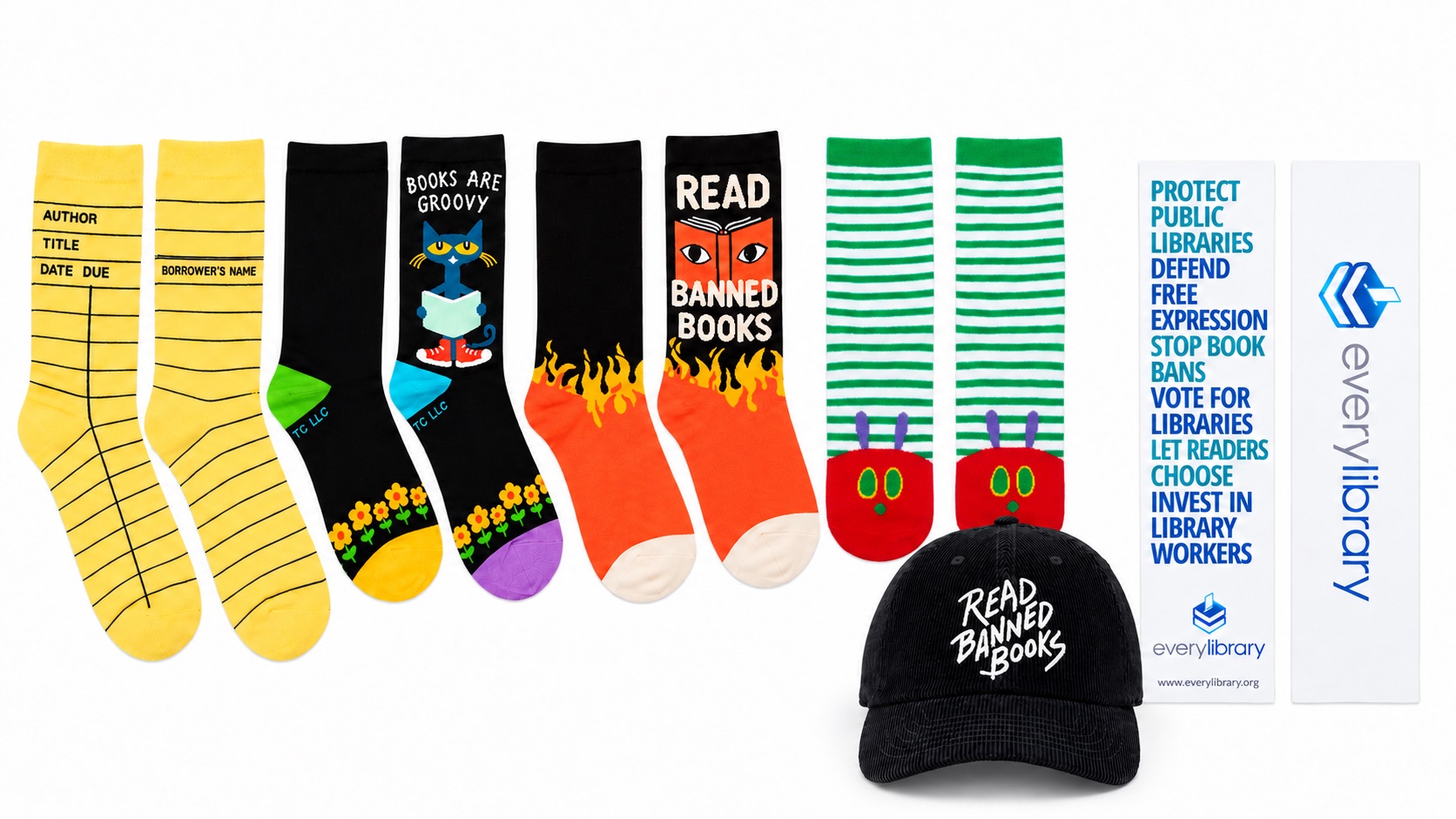 Four sock designs, a Read Banned Books hat and an EveryLibrary bookmark