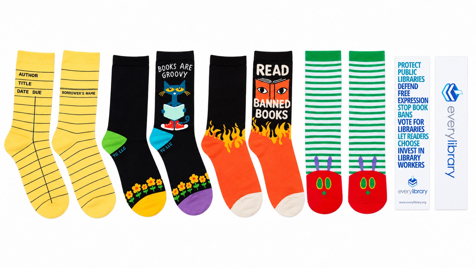 Four sock designs and an EveryLibrary bookmark