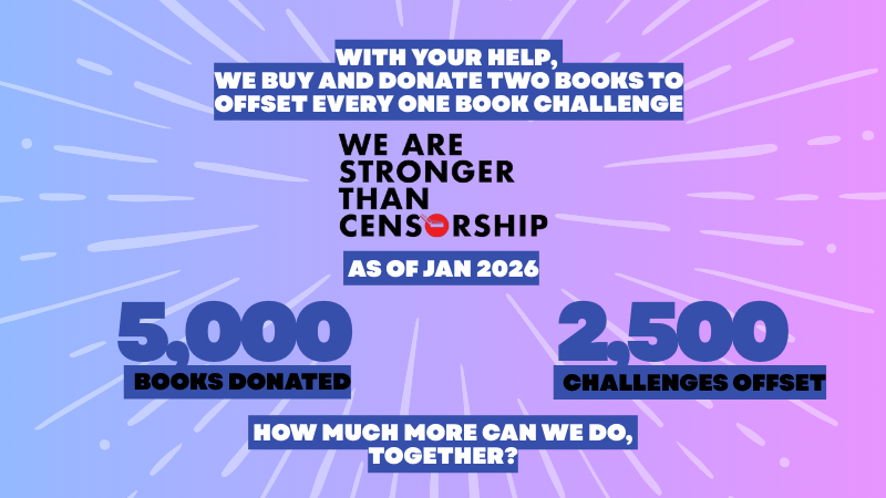 With your help, we buy and donate two books to offset every one book challenge [we are stronger than censorship logo] As of Jan 2026: 5,000 books donated; 2,500 challenges offset | How much more can we do, together?
