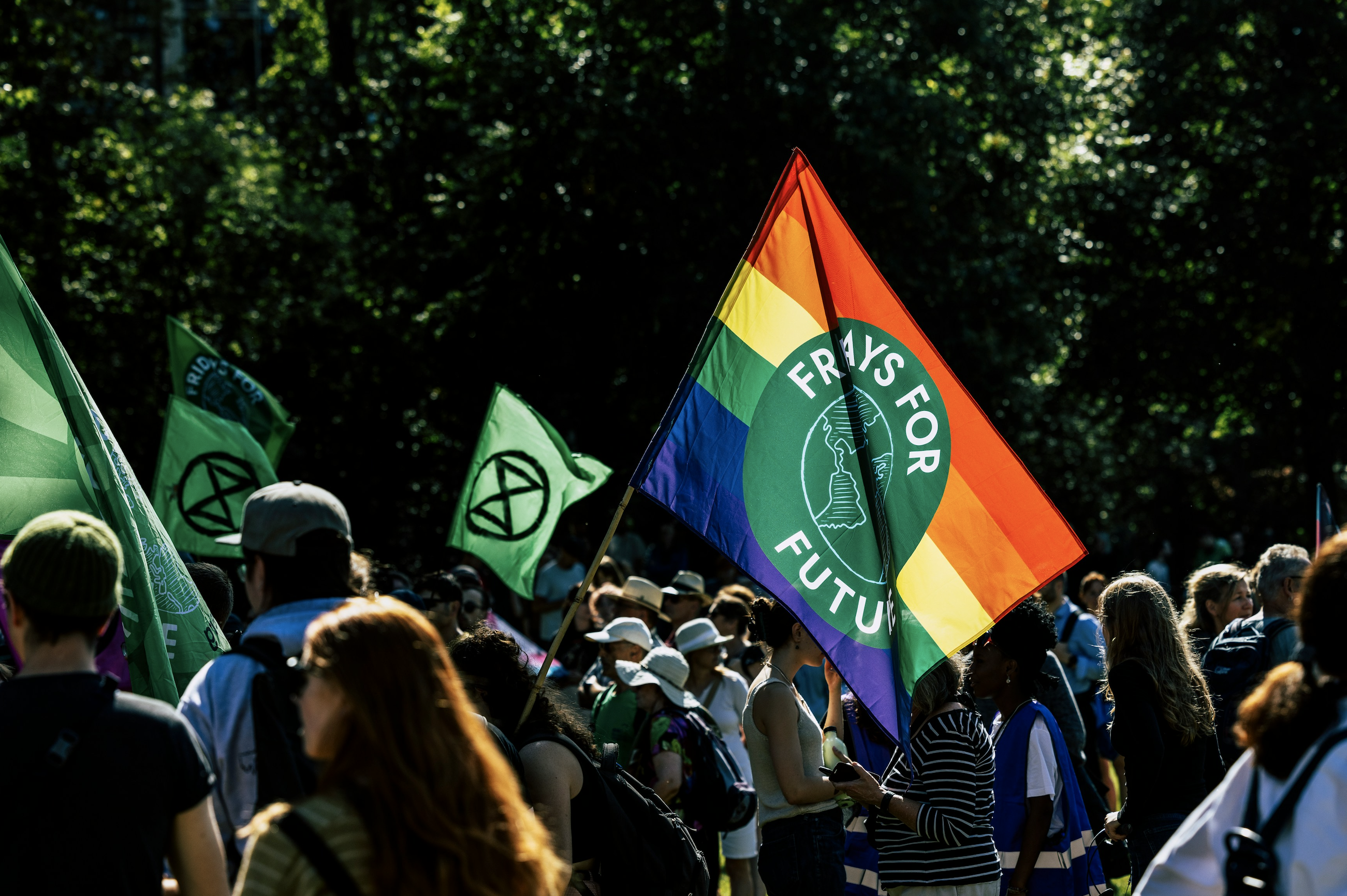 Fridays for Future flag flies above a crowd with Extinction Rebellion flags also seen in background