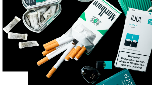 A picture of cigarettes, e-cigarettes and chew products